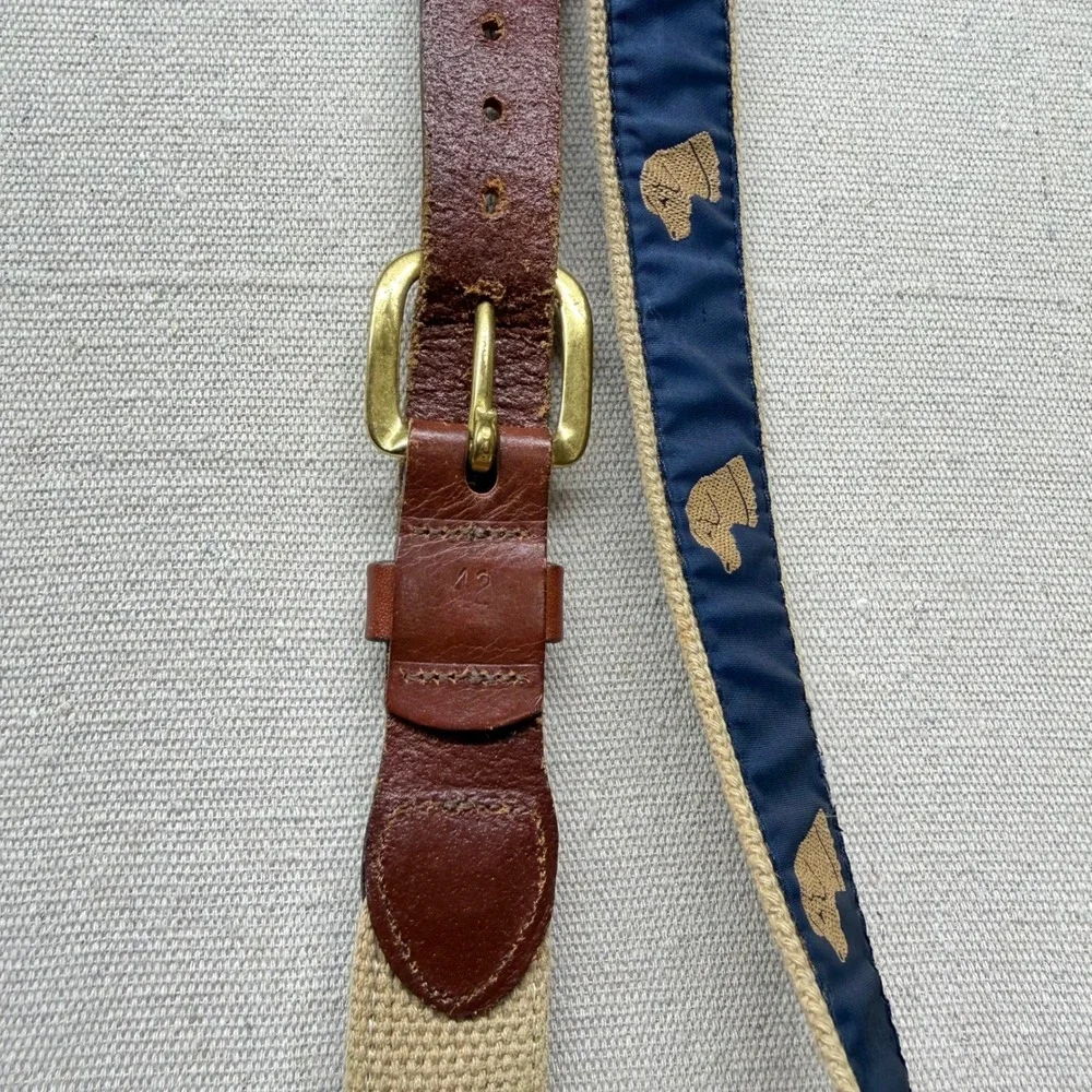 Vintage Surcingle Belt Navy Tan Canvas Leather Lab Dog Head Embroidery Size 42